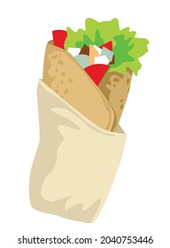 Doner Kebab. Meat And Vegetables In Pita Wrapped In Paper. Vector image for prints, poster and illustrations.