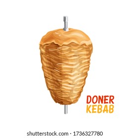 Doner Kebab on pole, grilling meat or chicken Traditional meat served of shawarma or kebab sandwich in Turkey or Arab countries. Vector illustration.