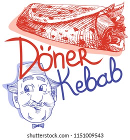 Doner Kebab pencil drawn vector illustration: turkish chef with fez on and doner kebab.