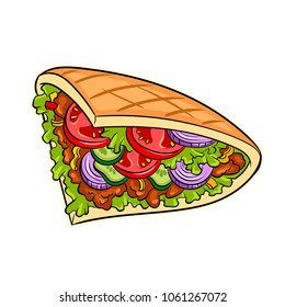 Doner kebab pop art retro vector illustration. Isolated image on white background. Comic book style imitation.