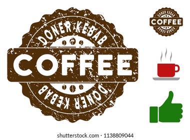 Doner Kebab quality medallion stamp. Vector seal with grunge surface and coffee color for rubber stamps imitations. Brown rubber seal stamp with grunge design of Doner Kebab title.