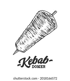 Doner Kebab Retro Emblem. Logo template with black and white text and kebab spit sketch. EPS10 vector illustration.