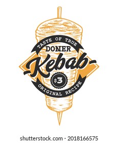 Doner Kebab Retro Emblem. Logo template with black text and yellow kebab spit sketch on white background. EPS10 vector illustration.