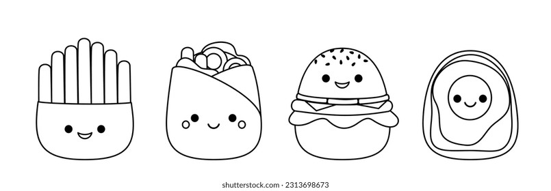 Doner kebab, sandwich, burger, french fries. Fast food set. Coloring page. Squishmallow. Black and white. Color me. Isolated vector illustration eps