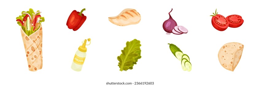 Doner Kebab Sandwich Ingredients with Cucumber, Sauce, Lettuce and Crumpet Vector Set