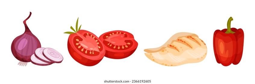 Doner Kebab Sandwich Ingredients with Onion, Tomato, Fillet and Bell Pepper Vector Set