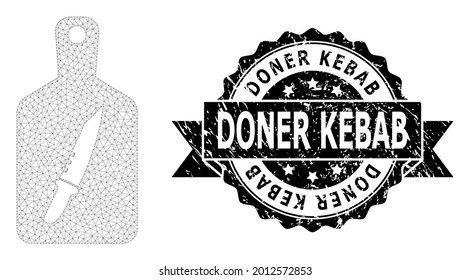 Doner Kebab scratched stamp seal and vector cutting board mesh structure. Black stamp seal includes Doner Kebab title inside ribbon and rosette. Abstract 2d mesh cutting board, created from flat mesh.