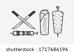 Doner Kebab set isolated on white background. Meat knives, kebab, shawarma, kebab sandwich. Shashlik on skewer. Kebab vintage design element for restaurant menu, logo, poster. Vector illustration