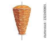 Doner kebab. Shawarma consisting of meat cut into thin slices, stacked in a cone-like shape, and roasted on a slowly-turning vertical rotisserie or spit. on white background. Vector illustration.