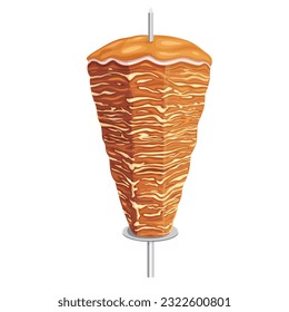 Doner kebab. Shawarma consisting of meat cut into thin slices, stacked in a cone-like shape, and roasted on a slowly-turning vertical rotisserie or spit. on white background. Vector illustration.