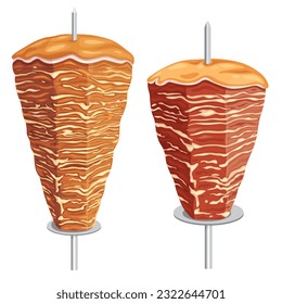 Doner kebab. Shawarma consisting of meat cut into thin slices, stacked in a cone-like shape, and roasted on a slowly-turning vertical rotisserie or spit. on white background. Vector illustration.