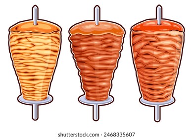 Doner kebab. Shawarma consisting of meat cut into thin slices, stacked in a cone-like shape, and roasted on a slowly-turning vertical rotisserie or spit. on white background. Vector illustration