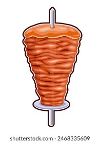 Doner kebab. Shawarma consisting of meat cut into thin slices, stacked in a cone-like shape, and roasted on a slowly-turning vertical rotisserie or spit. on white background. Vector illustration