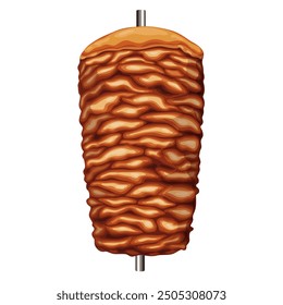 Doner kebab. Shawarma consisting of meat cut into thin slices, stacked in a cone-like shape, and roasted on a slowly-turning vertical rotisserie or spit. on white