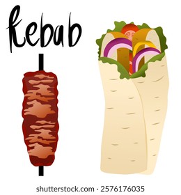 Doner kebab. Shawarma consisting of meat cut into thin slices. Vector illustration. Doner kebab or gyro wrap sandwich, fast food vector