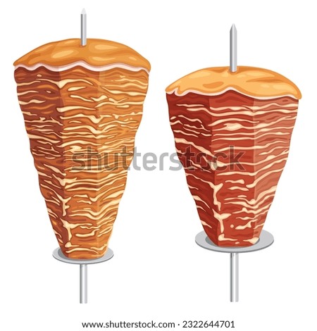 Doner kebab. Shawarma consisting of meat cut into thin slices, stacked in a cone-like shape, and roasted on a slowly-turning vertical rotisserie or spit. on white background. Vector illustration.