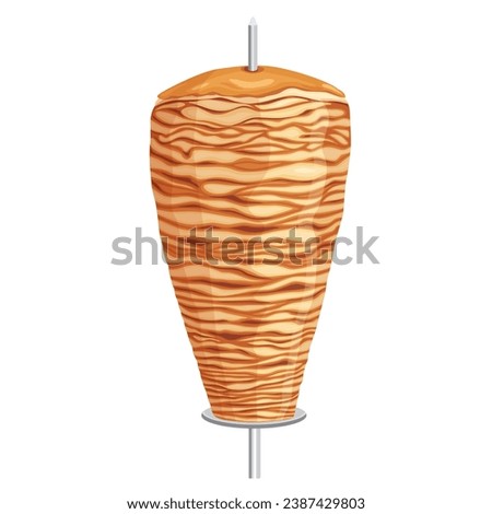 Doner kebab. Shawarma consisting of meat cut into thin slices, stacked in a cone-like shape, and roasted on a slowly-turning vertical rotisserie or spit. on white background. Vector illustration.