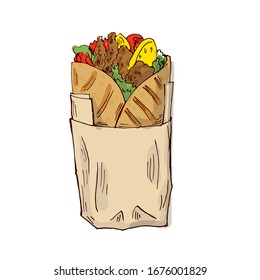 The Doner kebab (shawarma). Turkish, Caucasian, Balkan cuisine. Hand drawn vector illustration.