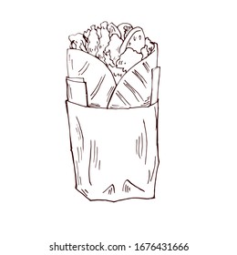 The Doner kebab (shawarma). Turkish, Caucasian, Balkan cuisine. Hand drawn vector illustration.