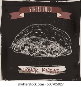 Doner kebab sketch on black grunge background. Turkish cuisine. Street food series. Great for market, restaurant, cafe, food label design.
