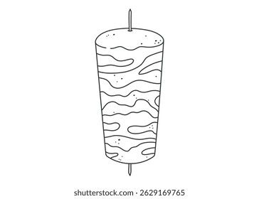 Doner kebab skewer in line art. Vertical meat rotisserie illustration for Turkish or Middle Eastern cuisine theme. Black and white doodle vector isolated on white background.