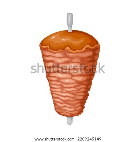 Doner kebab vector illustration. Cartoon isolated grilled meat roll on pole or restaurant skewer for cooking delicious takeaway Turkish shawarma, traditional grill menu and fast food in Turkey