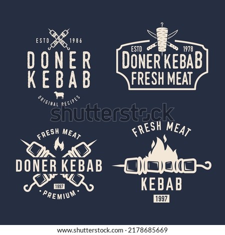 Doner Kebab vintage logo set. Kebab, Shawarma logo with skewer and fire isolated on black background. Vector illustration