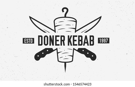 Doner Kebab vintage logo template. Doner Kebab with kebab knives isolated on white background. Retro poster for shop, restaurant, kebab cafe. Vector illustration