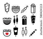 Doner kebab, kebab in wrap or pita bread, shish and adana kebab skewers icons set 