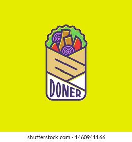 Doner logo. Doner kebab icon. Wrapping Sandwich with vegetables in pita bread. Fast food and street food icon.