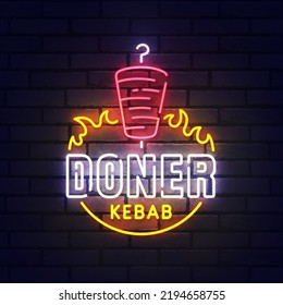 Doner neon sign, bright signboard, light banner. Doner Kebab logo neon, emblem. Vector illustration