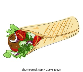 Doner, shawarma, or burrito, fast food menu snack, street food delivery and takeaway. Icon for delivery service, mobile apps, websites, logos Vector illustration, hand drawn or doodle.