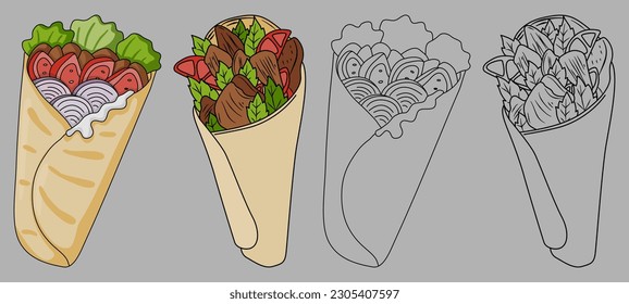 DONER SHAWARMA KEBAB DURUM 
caucasian street food hand drawn in graphic style on a gray background. there is a line art option