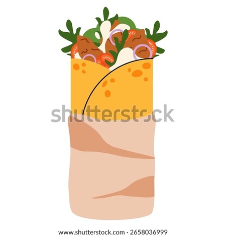 Doner shawarma wrap. Arabic kebab sandwich with meat vegetables sauce in lavash bread cartoon flat style, traditional lebanese street fast food dish. Vector isolated illustration.