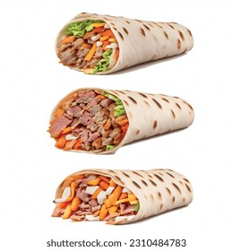 Doner wrapped in pita with carrot sticks with sliced kebab meat and thick sauce realistic 3d vector graphic isolated white background