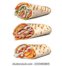 Doner wrapped in pita red caviar and fried egg and thick sauce realistic 3d vector graphic isolated white background