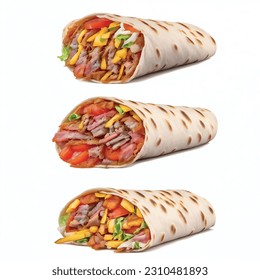 Doner wrapped in pita with tomato slices with sliced kebab meat and thick sauce realistic 3d vector graphic isolated white background