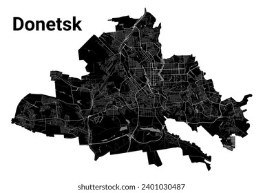 Mapa de la ciudad de Donetsk, Ucrania. Fronteras administrativas municipales, mapa de zonas negras y blancas con ríos y carreteras, parques y ferrocarriles. Ilustración vectorial.