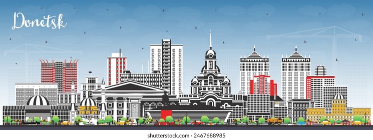 Donetsk city skyline with color buildings and blue sky. Vector illustration. Donetsk cityscape with landmarks. Business travel and tourism concept with modern and historic architecture.