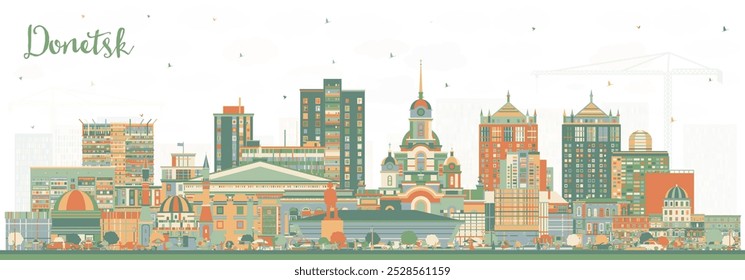 Vista da cidade de Donetsk com edifícios coloridos. Ilustração vetorial. Paisagem urbana de Donetsk com pontos de referência. Viagens de negócios e conceito de turismo com arquitetura moderna e histórica.