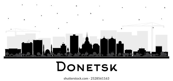 Donetsk city skyline silhouette with black buildings isolated on white. Vector illustration. Donetsk cityscape with landmarks. Business and tourism concept with modern and historic architecture.