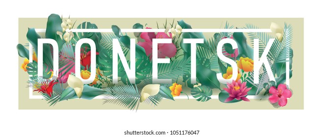 Donetsk City Typographic Floral Framed Vector Card Design