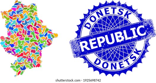 Kartenvorlage für die Republik Donezk. Grundstückskarte und Wasserzeichen für die Republik Donezk. Sharp rosette blauen Button mit Bildunterschrift für die Donezk-Republik-Karte.