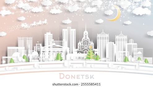 Donetsk. Winter city skyline in paper cut style with snowflakes, moon and neon garland. Christmas and new year concept. Santa Claus on sleigh. Donetsk cityscape with landmarks.