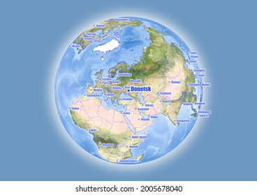 Donetsk-Ukraine is shown on vector globe map. The map shows Donetsk-Ukraine 's location in the world.
