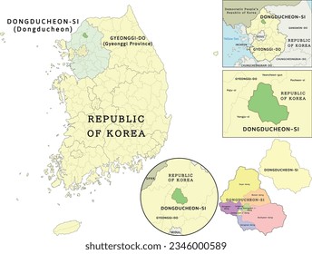 Dongducheon-si (Dongducheon) liegt auf der Landkarte von Gyeonggi-do (Provinz Gyeonggi) und der Republik Korea (Südkorea). Bekleidet. Vektorgrafik