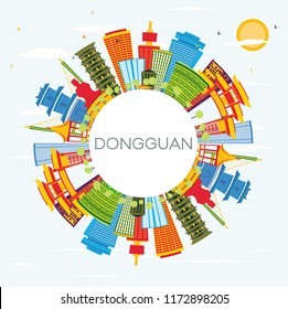 Dongguan China City Skyline with Color Buildings, Blue Sky and Copy Space. Vector Illustration. Business Travel and Tourism Concept with Modern Architecture. Dongguan Cityscape with Landmarks.