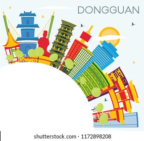 Dongguan China City Skyline with Color Buildings, Blue Sky and Copy Space. Vector Illustration. Business Travel and Tourism Concept with Modern Architecture. Dongguan Cityscape with Landmarks.