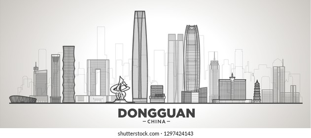 Dongguan China line skyline with panorama in sky background. Vector Illustration. Business travel and tourism concept with modern buildings. Image for banner or web site.