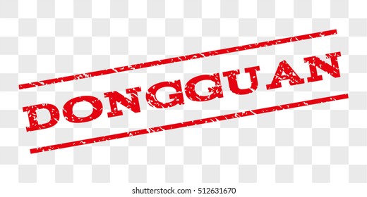 Dongguan watermark stamp. Text caption between parallel lines with grunge design style. Rubber seal stamp with unclean texture. Vector red color ink imprint on a chess transparent background.